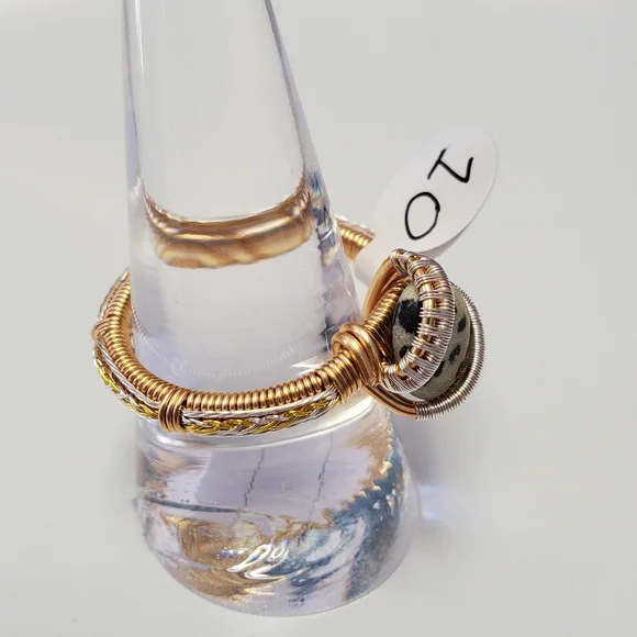 "The spotted gold" dalmatian jasper handmade wire wrap ring size 10 - Picture 4 of 5